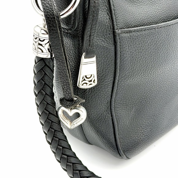 Brighton Black Leather Shoulder Bag Braided Strap Silver Heart Charm - Picture 7 of 11